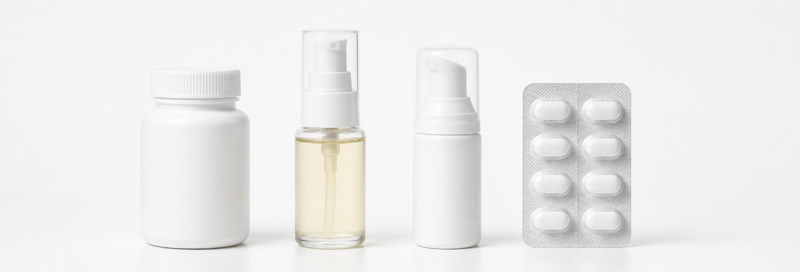 LinkRX supplement bottle, serum pump, foam canister and tablet pack